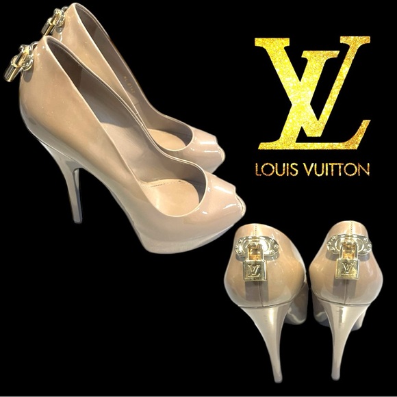 Louis Vuitton High Heels Nude Beige Patent Leather LV Lock Stilettos Pumps 9.5US - Picture 1 of 12